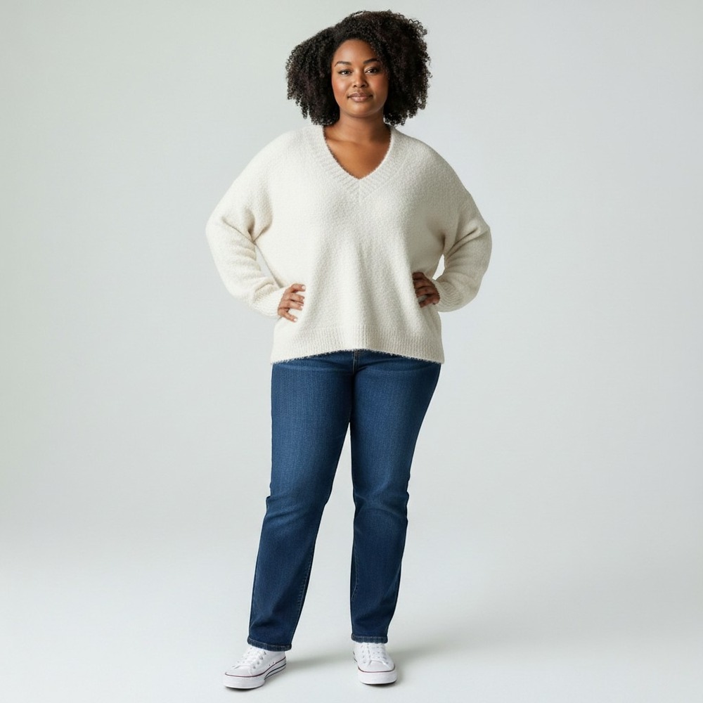 aerie Cream Wool Blend V-Neck Oversized Sweater Fuzzy Textured Ivory Pullover L